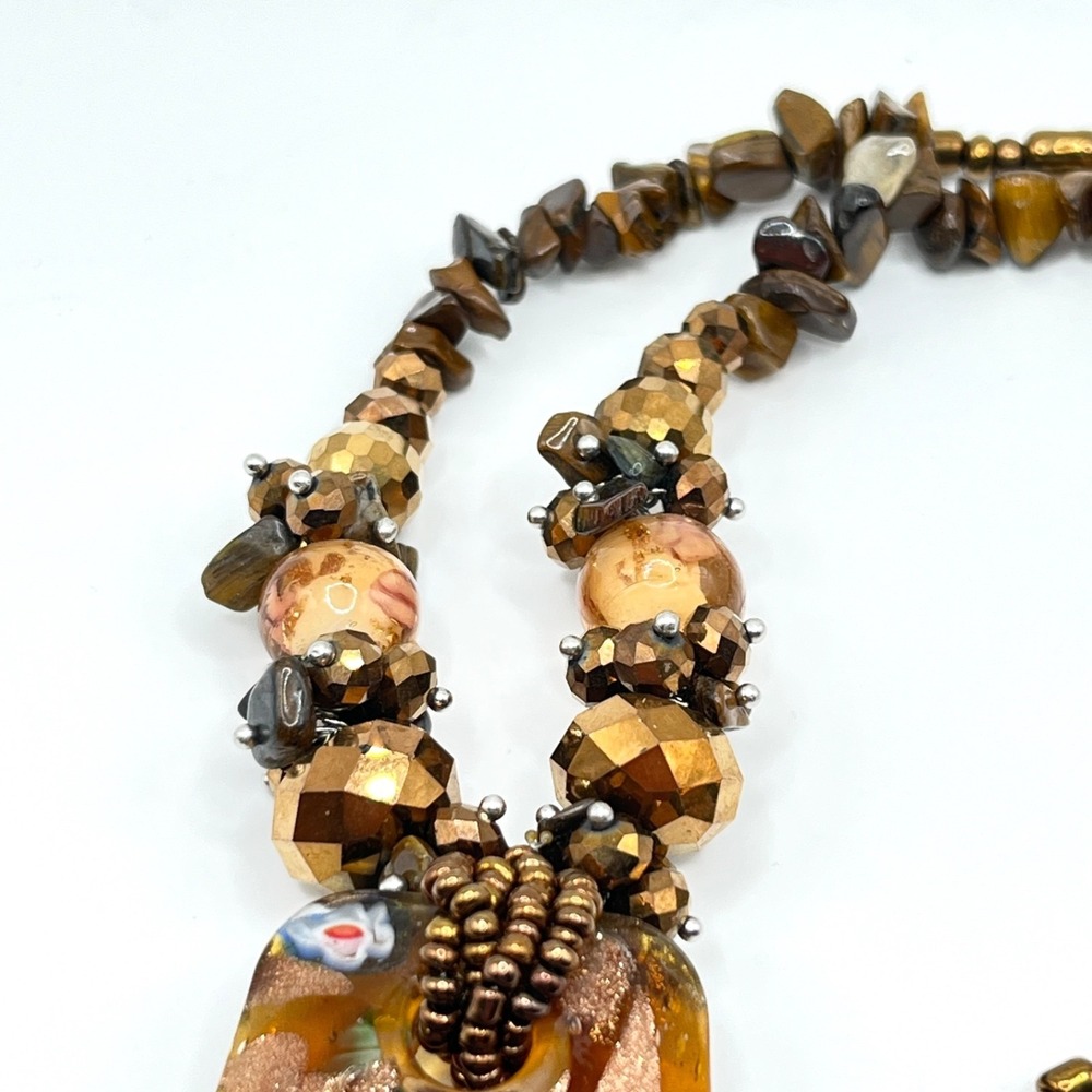 Erica Lions Brown Millefiori Style Glass Pendant Beaded Necklace 20" - Picture 4 of 14